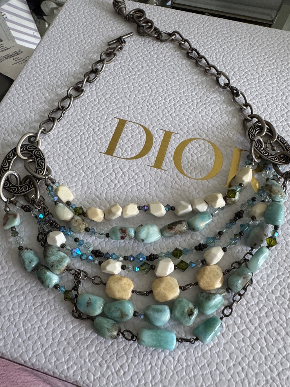 Dior Layered Turquoise, Cream & Gold-Tone Beaded Necklace